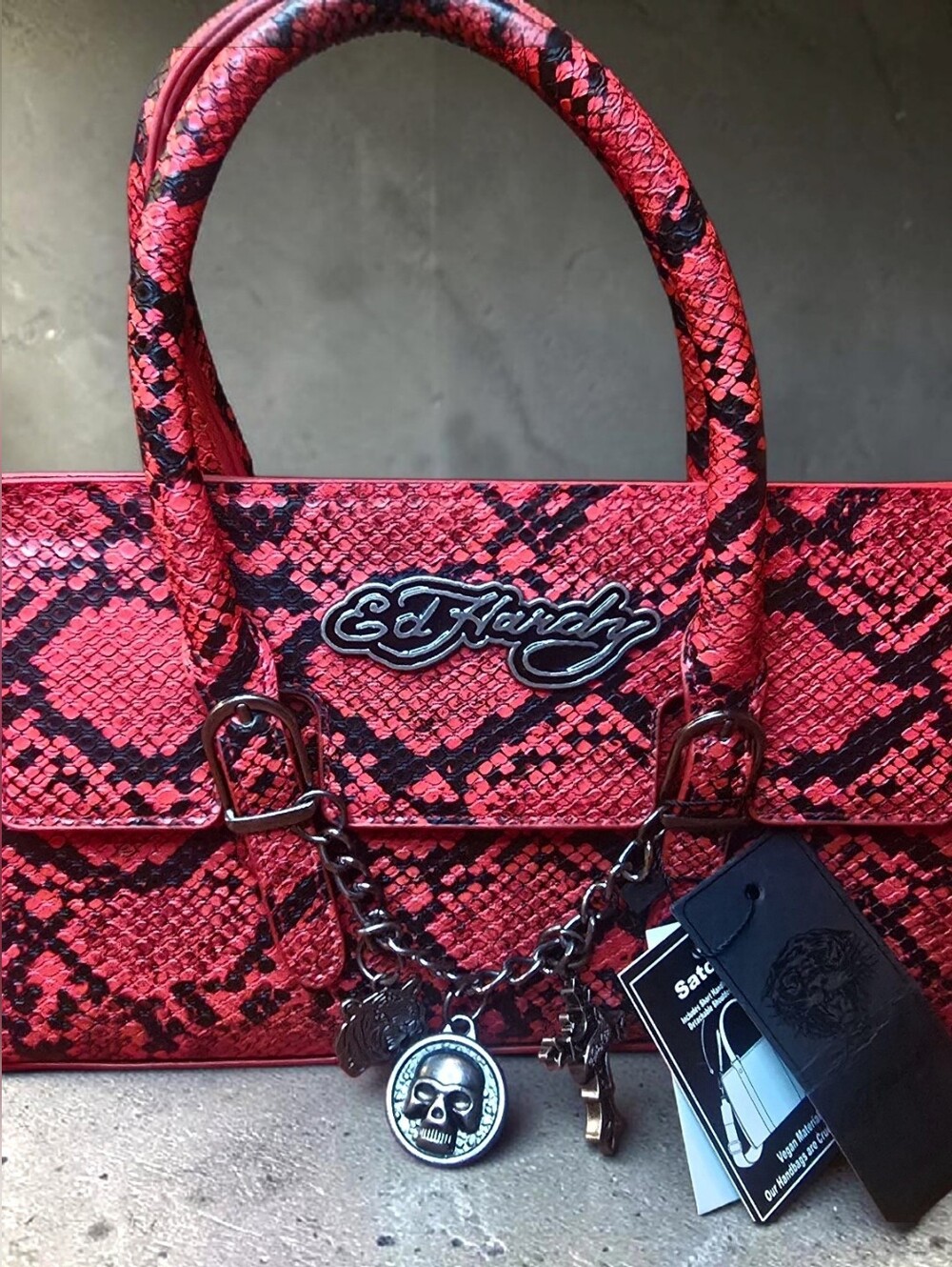Ed Hardy NWT Red & Black Python Handbag & Crossbody Strap. Gunmetal Charms